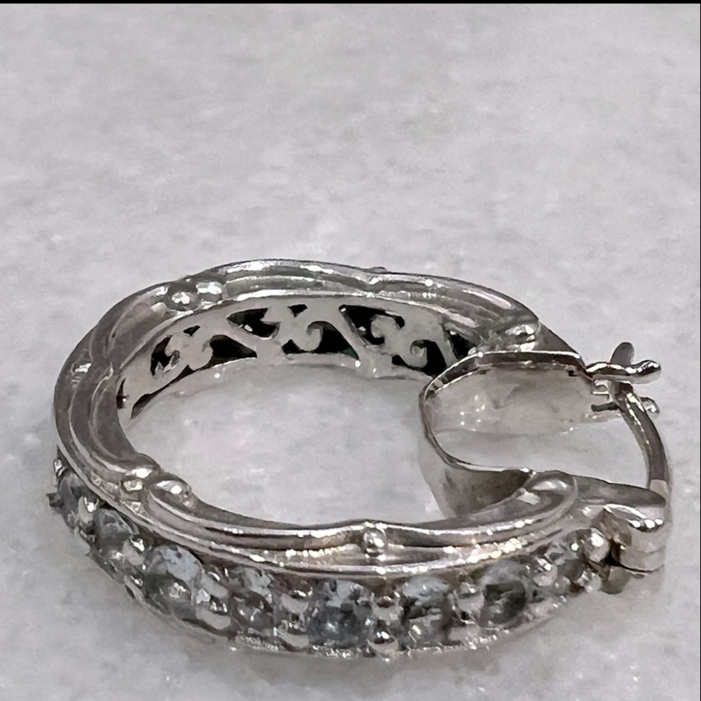 Sky Blue Topaz Silver Scroll Detailed Hoop Earrings - Picture 11 of 14